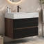 Meuble-lavabo mural 30 po avec lavabo à surface solide blanc brillant et tiroirs noirs doux, meuble-lavabo mural flottant pour salle de bain moderne, une pièce
 Bassin sans drainage et robinet, KD