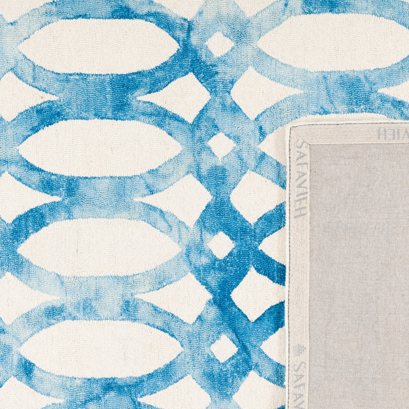 Amekia Hand Tufted Wool/Cotton Geometric Rug in Blue/Ivory, Square 7'