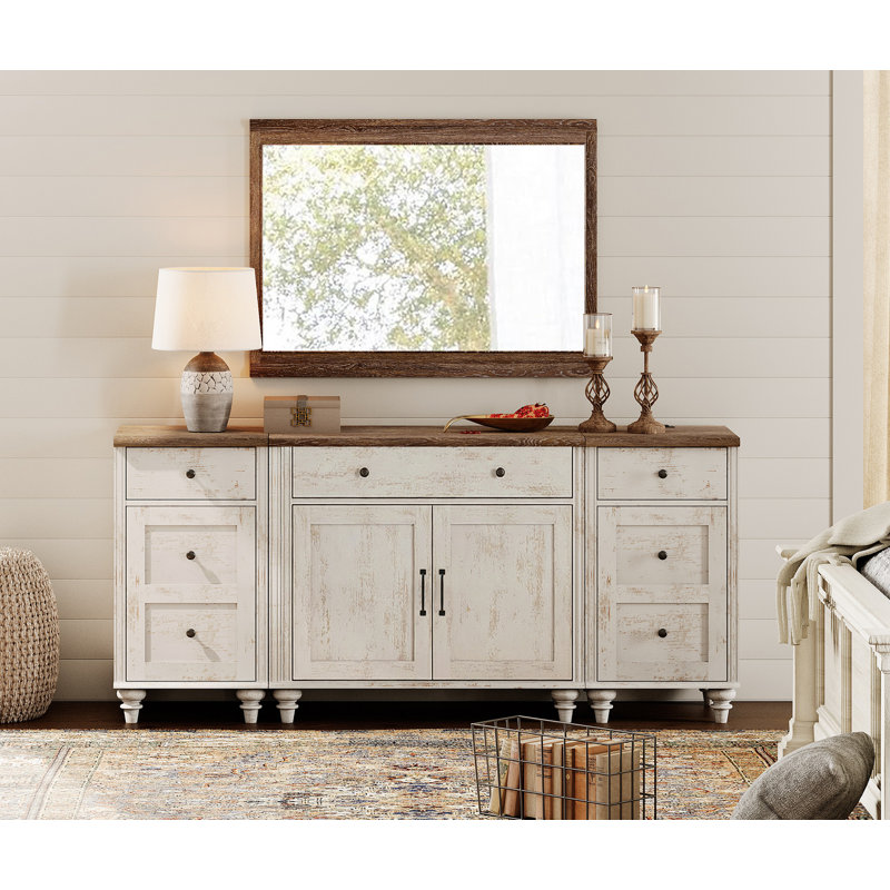 Sideboard Buffet Cabinets With 4 Wood Doors And 3 Drawers, Farmhouse Sideboard Credenza With Charging Station For Dining Room, Modern Large Storage Cabinet For Living Room, Rustic White, 102 Inch