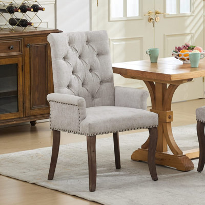 Upholstered Chenille Fabric Accent Dining Chair, Curved Solid Wood Legs, Elegant Tufted Club Dining Room Kitchen Room Arm Dining Chair, Single Pack,Beige,SW1895BG