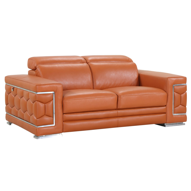 Canapé en cuir italien Aiesrom, Cuir véritable chameau, H 38 po x l 71 po x P 41 po