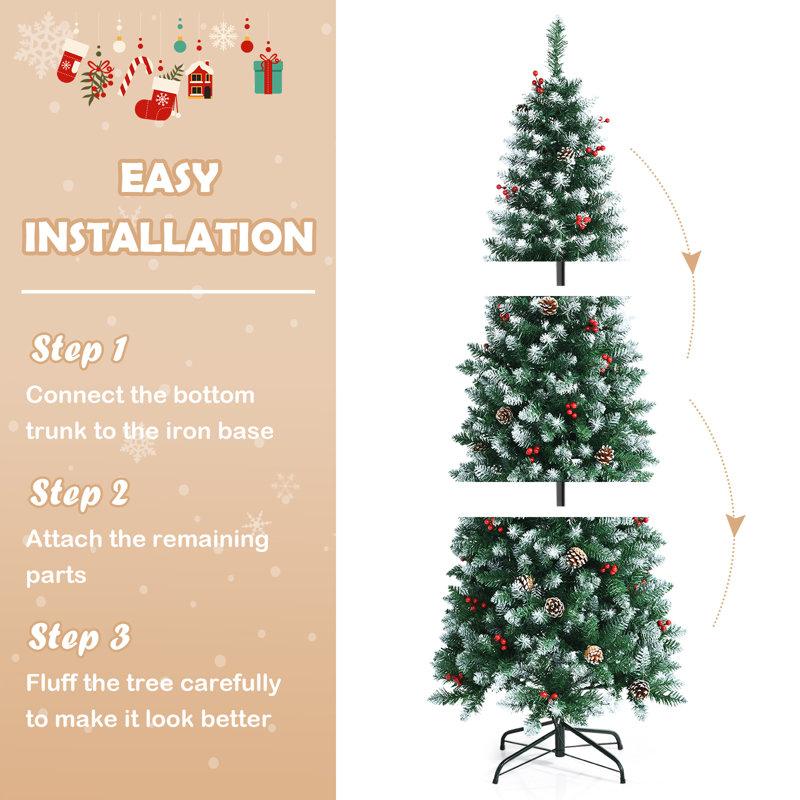 7' Pre-Lit Snow-Flocked Pine Christmas Tree with Pine Cones and Berries