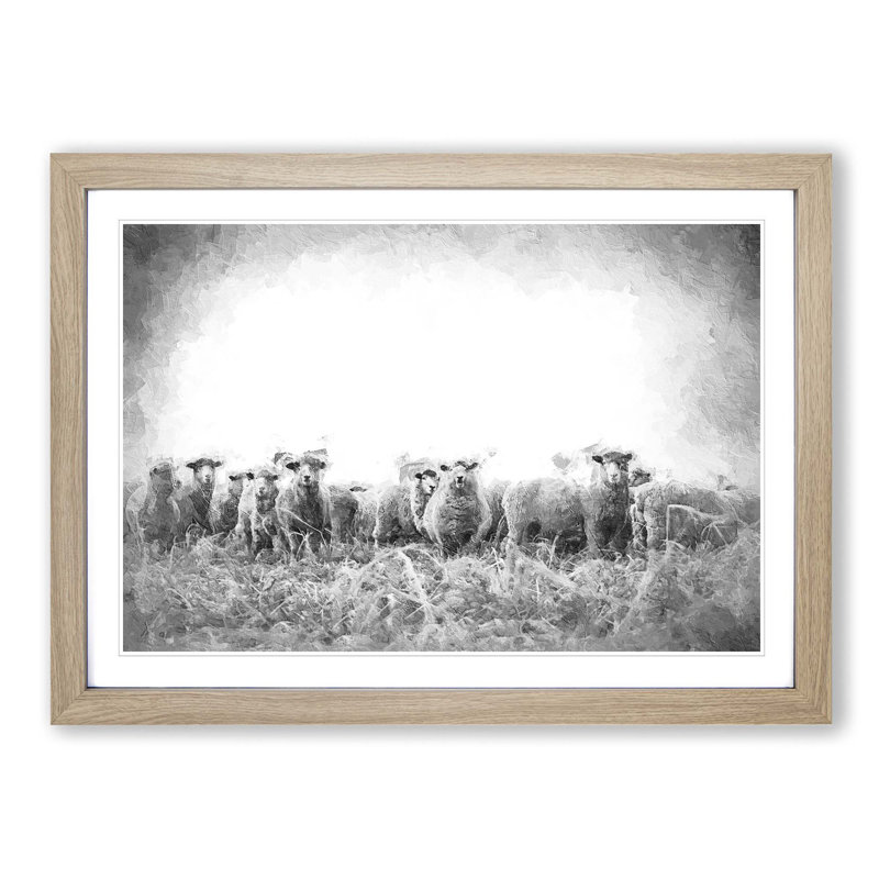A Flock Of Sheep - Framed Print, 33cm H x 45cm W x 2cm D, Oak Framed