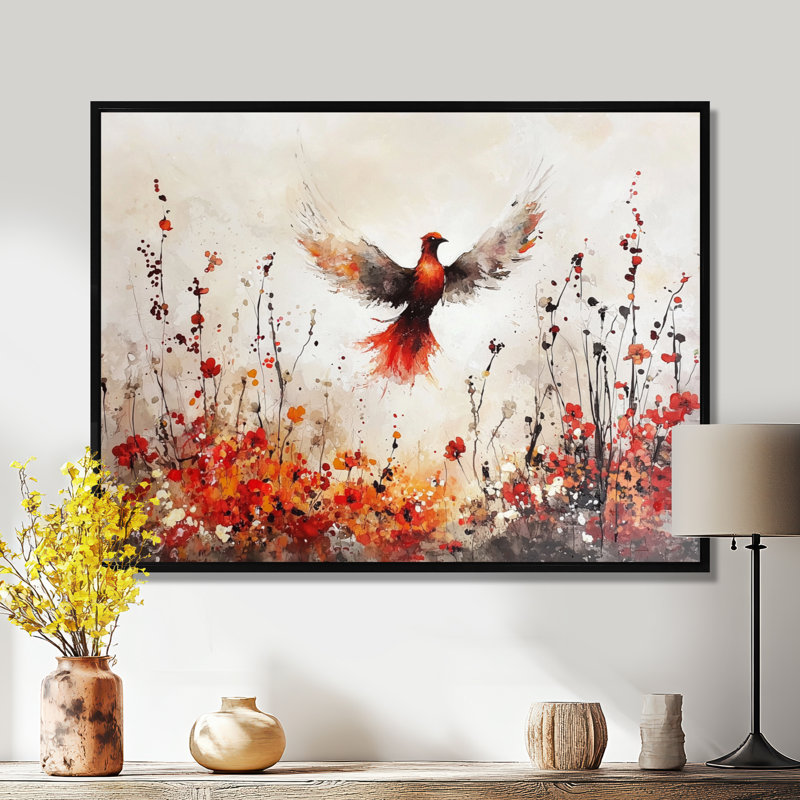 «Bird Phoenix Rising In Adversity», impression d'art mural Phoenix, Black, 12" H x 20" W, Floater Framed Print