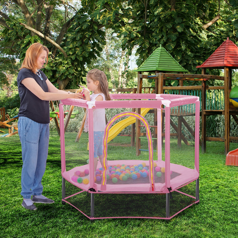 Trampoline avec filet de sécurité et balles, Rose