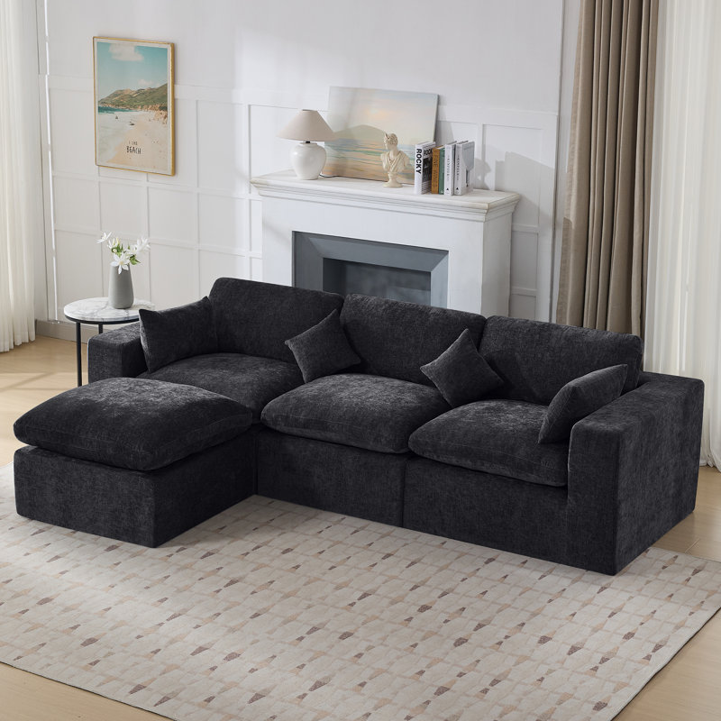 Compression Sectional Couch with Ottoman, Dark Black Chenille, 4