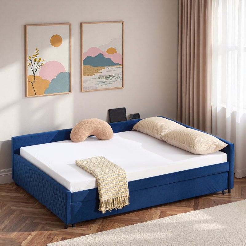 Upholstered Daybed With Trundle And Usb, Navy