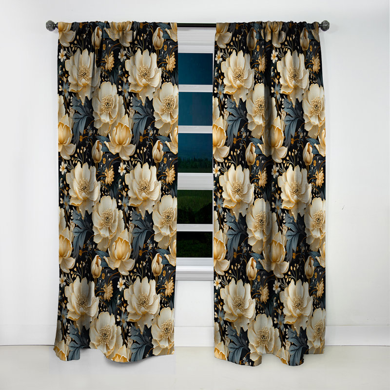 Luxueux motif floral doré et gris I - Rideau à motif floral - Rideau occultant - 1 panneau, L 52 po x L 90 po