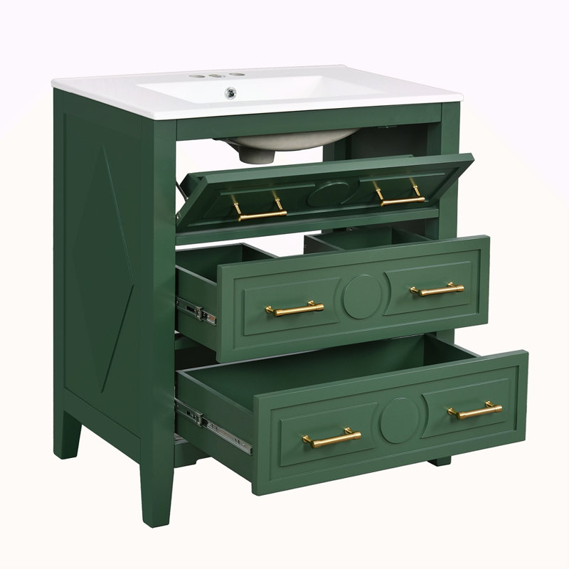 Ensemble de meuble-lavabo simple 30 po avec 3 tiroirs, meuble-lavabo autoportant avec cadre en bois massif, vert 30 po, Vert
