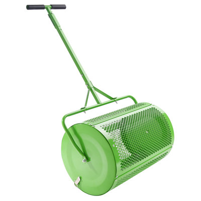 Épandeur de compost et épandeur de mousse de tourbe, épandeur de pelouse à roulettes à pousser / remorquer de 24 po avec poignée en forme de T réglable en hauteur, épandeur de jardin en filet en acier pour épander de la couche arable de fumier, v