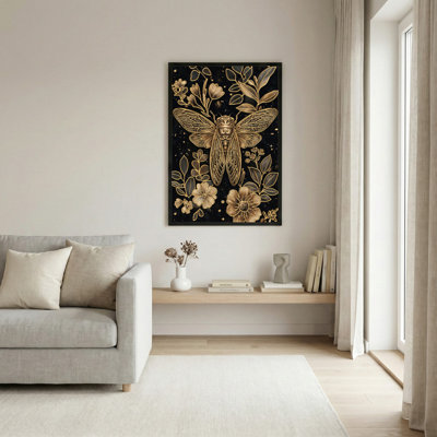 Art mural sur toile noir encadré pour le salon, la chambre à coucher, le bureau ou le vestibule - Décoration murale décorative avec cigale dorée
