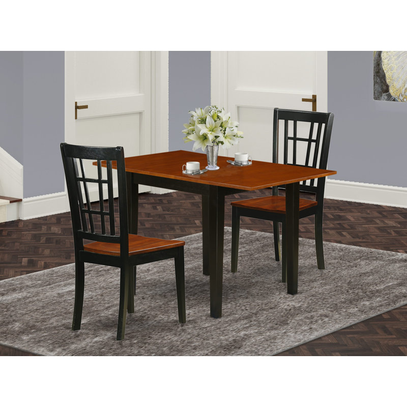 Solid Wood Top Dining Table Set, Black/Cherry, Black, 3 Pieces: 1 Table, 2 Chairs