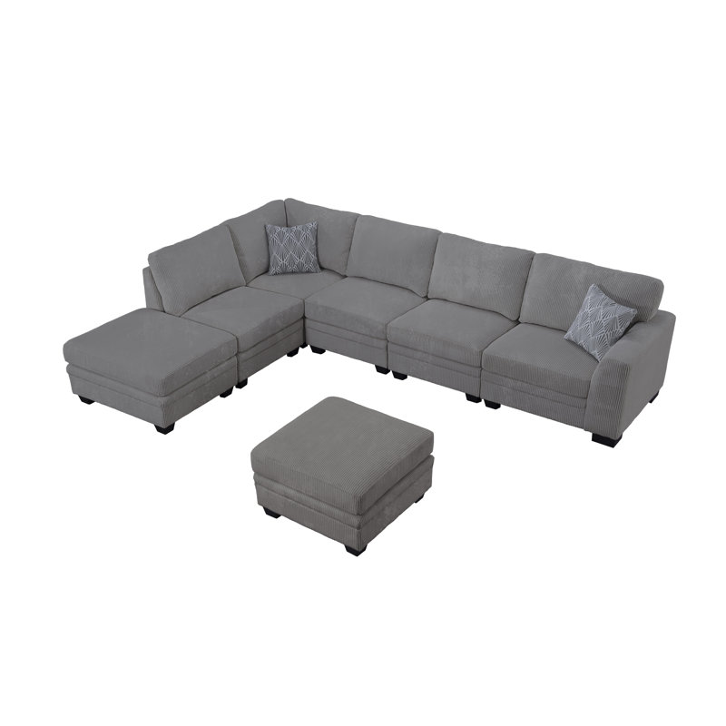 Canapé modulaire en L Compression Herzen, Velours côtelé gris, Accoudoir à droite (vu de face)