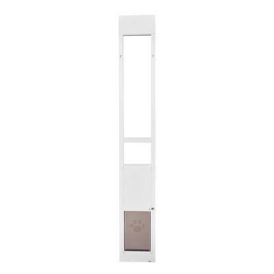 Adjustable Height Sliding Glass Pet Door Panel for Medium Dogs, 91-96 in, White Aluminum Frame with Locking Flap