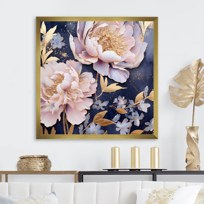 " Pink Retro Peonies On Blue "
