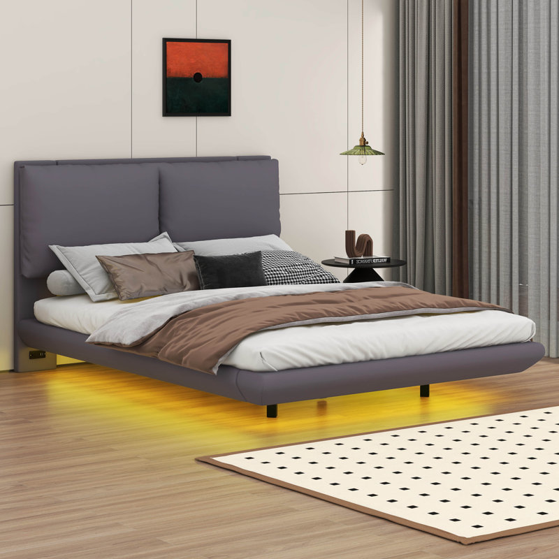Lit plateforme tapissier double avec lumière Cymon, gris, Double