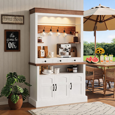 72'' Tall Farmhouse Coffee Bar Cabinet with LED Lights,Kitchen Buffet with Doors & Drawer, Coffee Bar Table with Adjustable Shelves, and Ample Storage Space for Living Dining Room.
