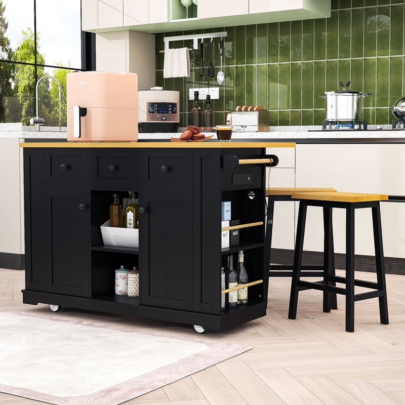 Cheryllynne 3-Piece Kitchen Island Set with Built-in Charging Station, Expandable Countertop and Two Bar Stools, Black