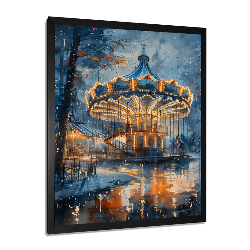 Carrousel cheval jaune et jaune, H 20 po x l 12 po x P 1 po, Toile encadrée noire simple