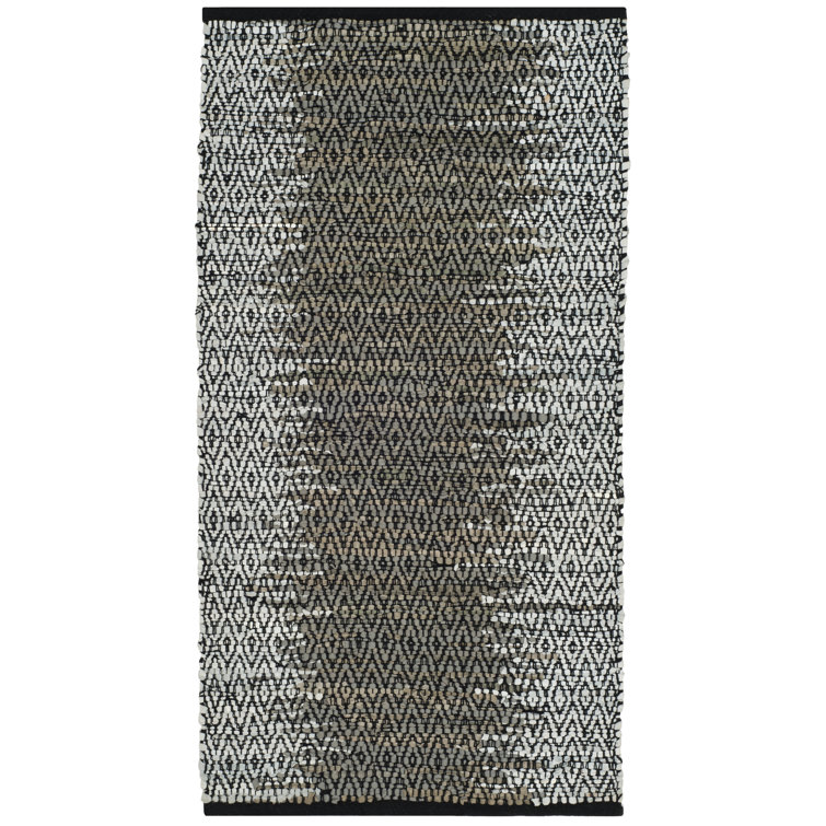 Phillis Vintage Leather Hand Woven Leather/Cotton Geometric Rug in Light Gray/Gray
