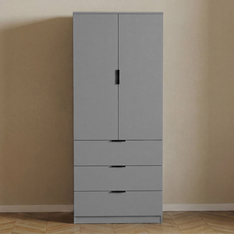 Modern 2 Door 3 Drawer Wardrobe with Hanging Space for Bedroom Storage & Organisation, Grey