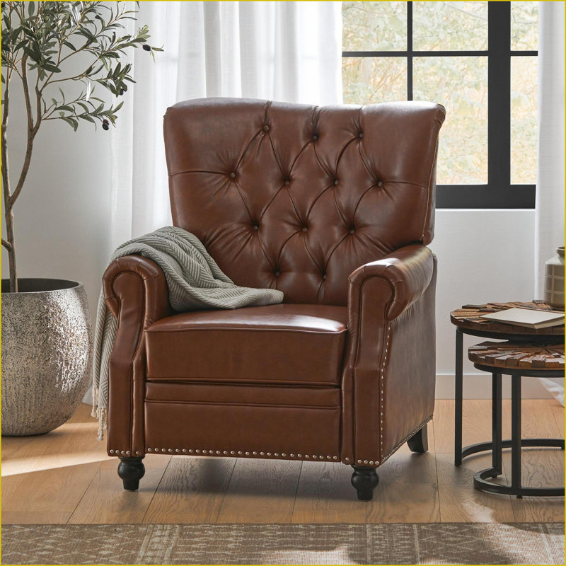 Recliners, Contemporary Push-Back Recliner with Button Tufting | Light Brown PU