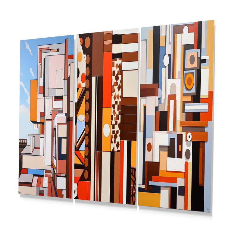 Cocoa Charm De Stijl Landscape - Abstract Cubism, ensemble de 3 reproductions d'art en métal, H 32 po x l 48 po