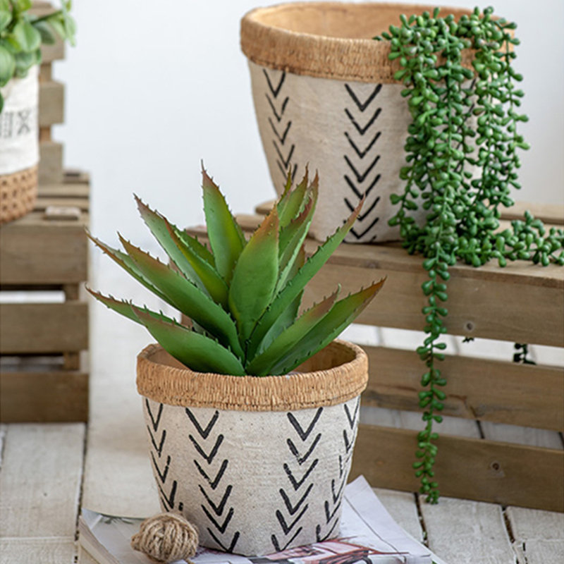 Set Of 2 White And Brown Round Cement Planters With V Pattern, L:d10x8" S:d8x6.5"