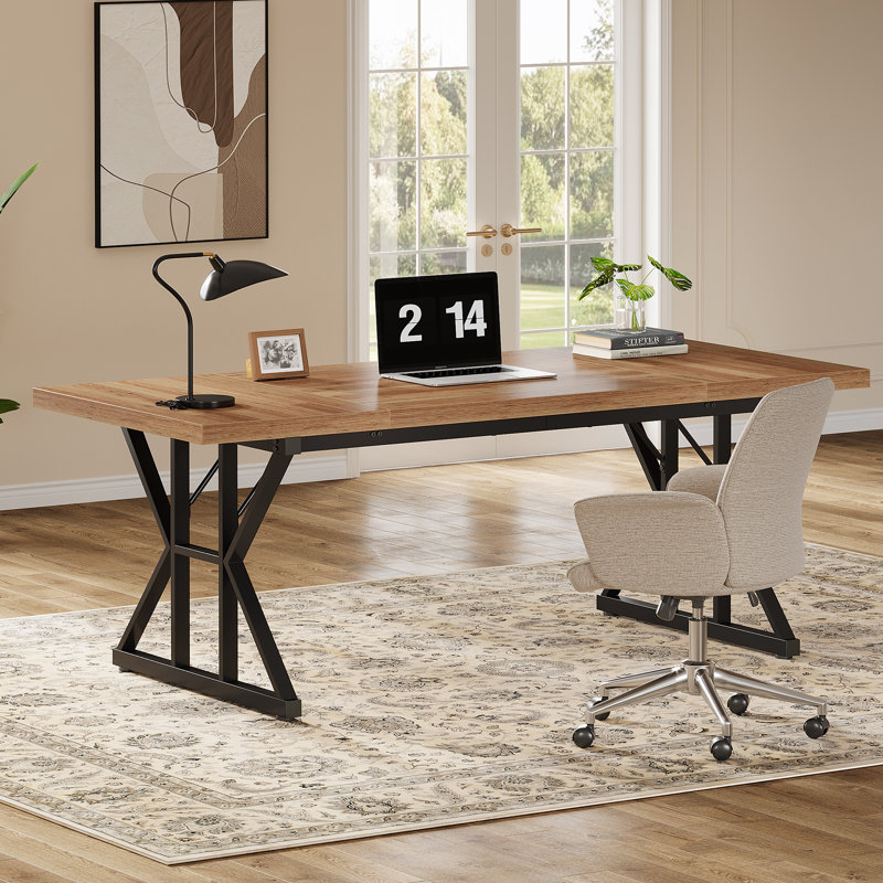 Metal Base Computer Desk, 29.52" H x 70.87" W x 31.49" D, Light Brown/Black
