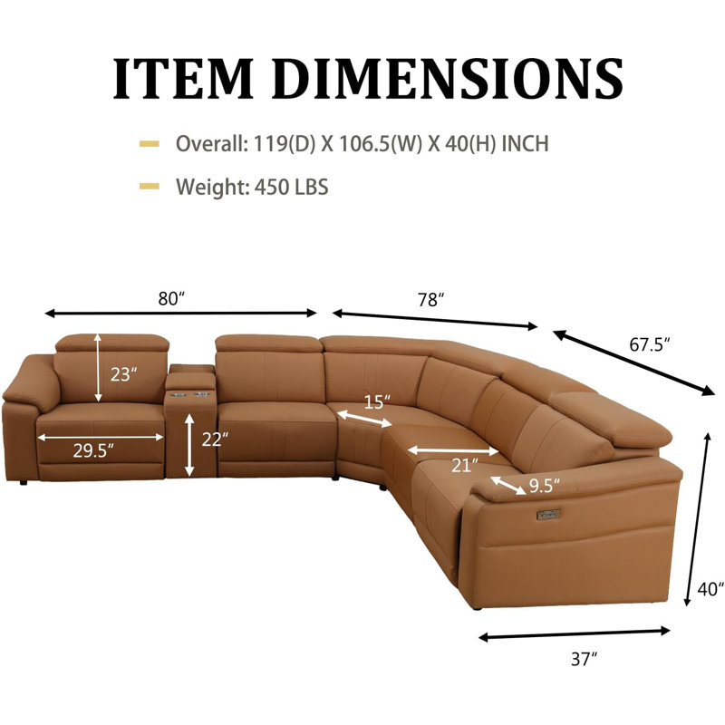 Ensemble de canapé inclinable de salon en cuir brun clair 6 pièces