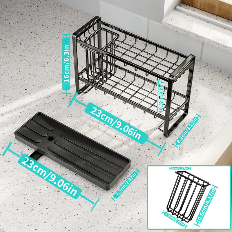 2 Tier Kitchen Sink Organizer With Brush Holder, Self-draining Stainless Steel Sponge Holder For Kitchen Sink With Drain Tray