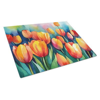 Tulipes dans une grande planche à découper en verre aquarelle