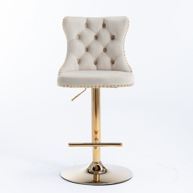 Swivel Velvet Barstools with Adjusatble Seat Height, Beige, Gold