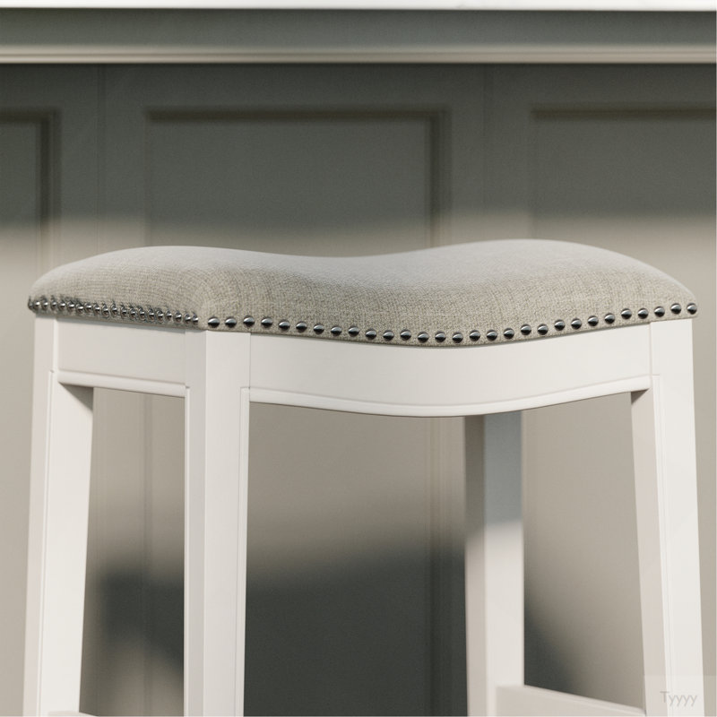 31In. Bar-Height Backless Wood Narrow Saddle-Seat Barstool With Nailhead Trim, Farmhouse Whitewash With Gray Upholstered Seat, 1PC