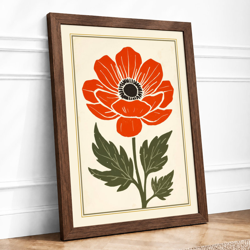 Red Poppy Botanical - Framed Print, A2 - 59.4 x 42.0 cm, Walnut