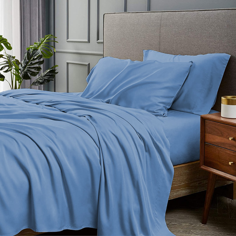 Ensemble de draps 4 pièces en rayonne de bambou, Ensemble de draps très grand californien avec 2 t, Bleu ciel