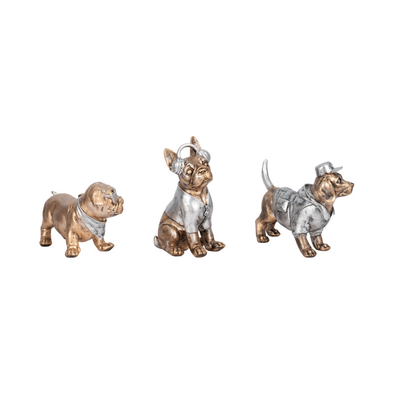 Trinx 3-Pieces Polyresin Cool Dogs Decor Figurines, Gold