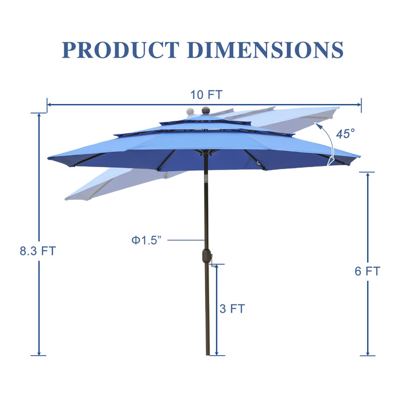 Parasol de patio à 3 niveaux 10 pi, Bleu