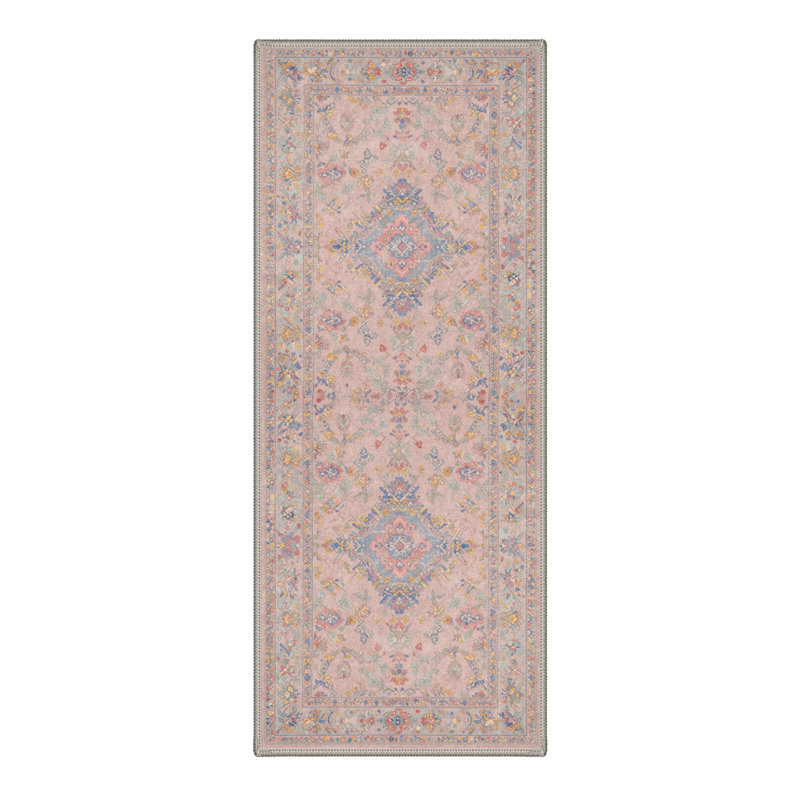 Vintage Floral Medallion Machine Washable Blush Rose Indoor Area Rug With Non-Slip Backing, Runner 2'3" x 6'