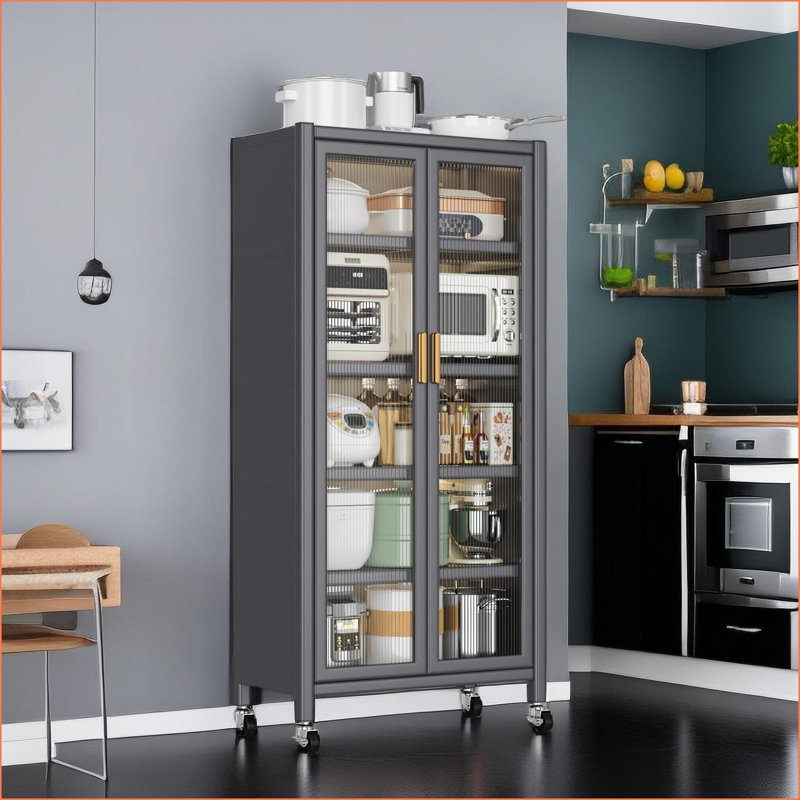 Armoire de cuisine avec tablette à micro-ondes à plusieurs niveaux avec roulettes | Gris | Métal, Gris