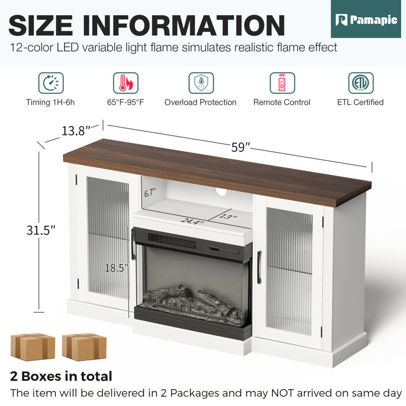 TV Stand for TVs up to 59" with Electric Fireplace Included, 31.5”H x 59”L x 13.8”W