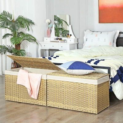 Panier de rangement avec couvercle, bac de rangement de 42,3 gallons (160 L), panier de rangement pour couverture tissée avec poignées, doublure pliable et amovible, structure en métal, pour chambre à coucher, salle de lavage, naturel