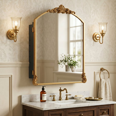 26" X 20" Arched Baroque Metal Medicine Cabinet with Mirror and Removable Ornaments 