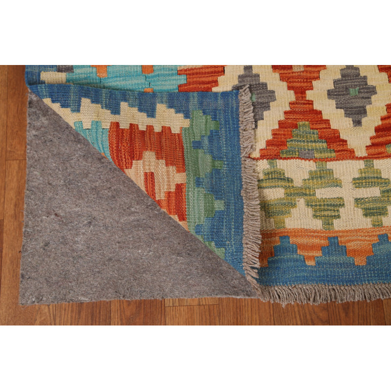 Tapis orange / bleu / vert en laine noué à la main de conception unique 6 pi 7 po x 9 pi 6 po New Age