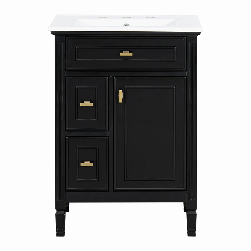 Meuble-lavabo 24 po avec lavabo, armoire en bois massif et panneau de fibres à densité moyenne avec un tiroir rabattable, deux tiroirs standard et une tablette réglable, meuble-lavabo autoportant pour le rangement de la salle de bain