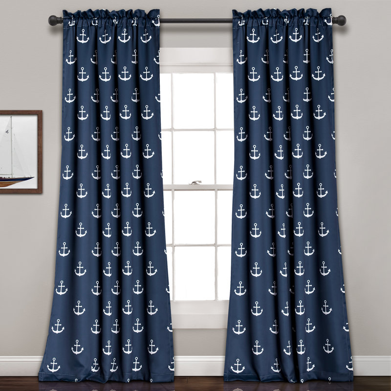 Navy Anchor Print Blackout Polyester Window Curtains