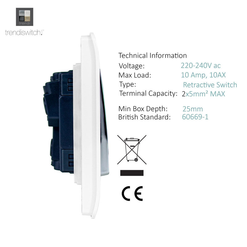 Trendi Switch 2 Gang Retractive Home Automation Switch, White