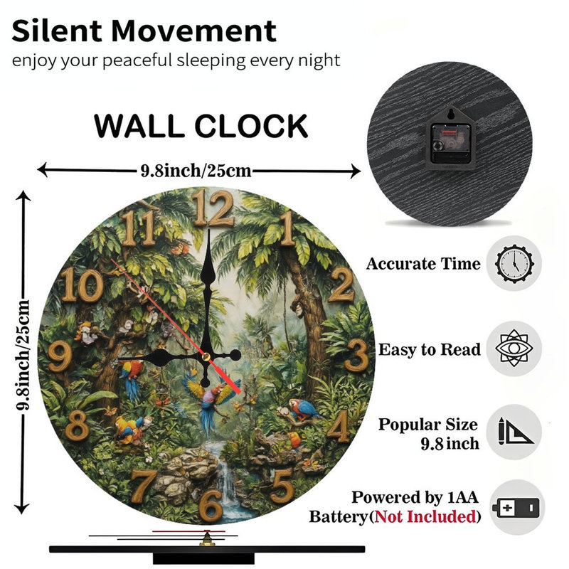 Clock Numbers Jungle Parrots Waterfall