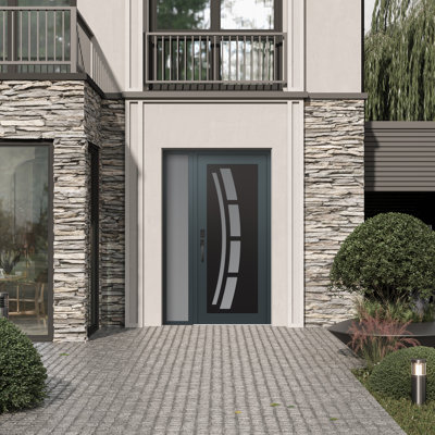 C12 Right-Hand 50 In. X 80 In. Panel Steel Anthracite And Anthracite Frosted Glass With Sidelite Frosted Glass Prehung Front Entry Door