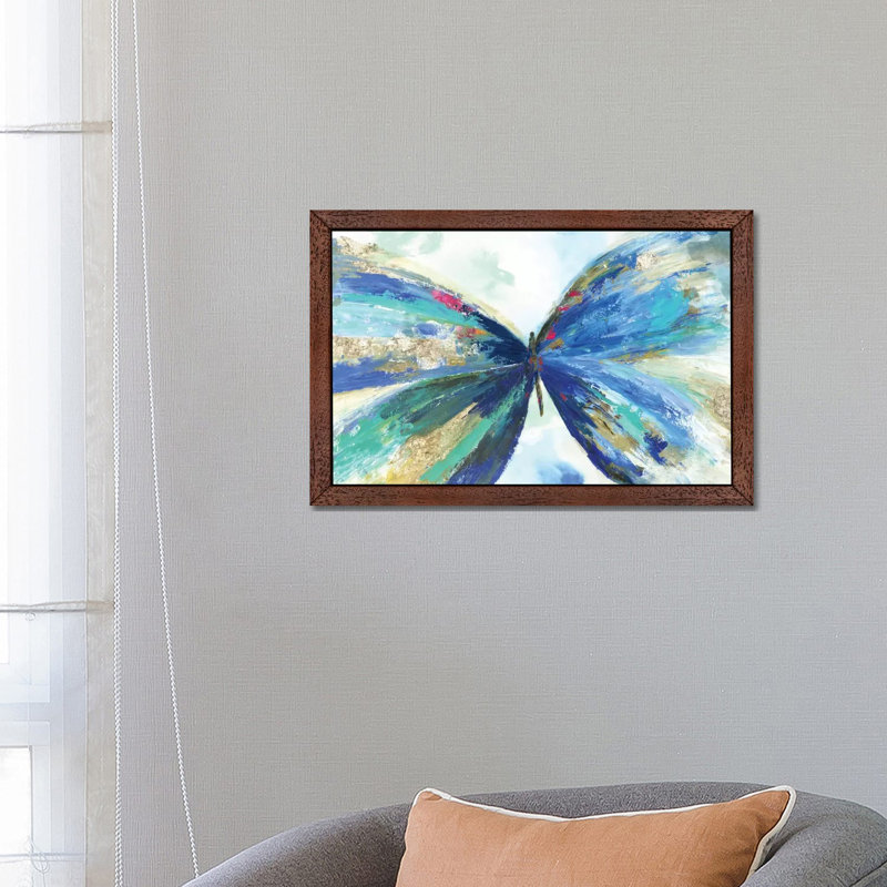 Blue Butterfly by Kelsey Hochstatter - Painting on Canvas, 152.5 cm H x 101.5 cm W, Brown Floater Framed